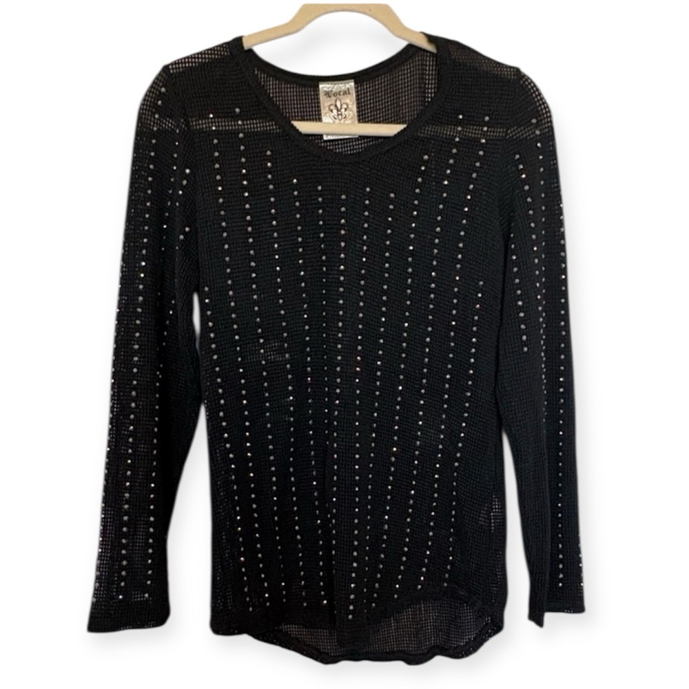 Vocal Sheer Sparkle Stone Detail Black Net Long Sleeve Top Large